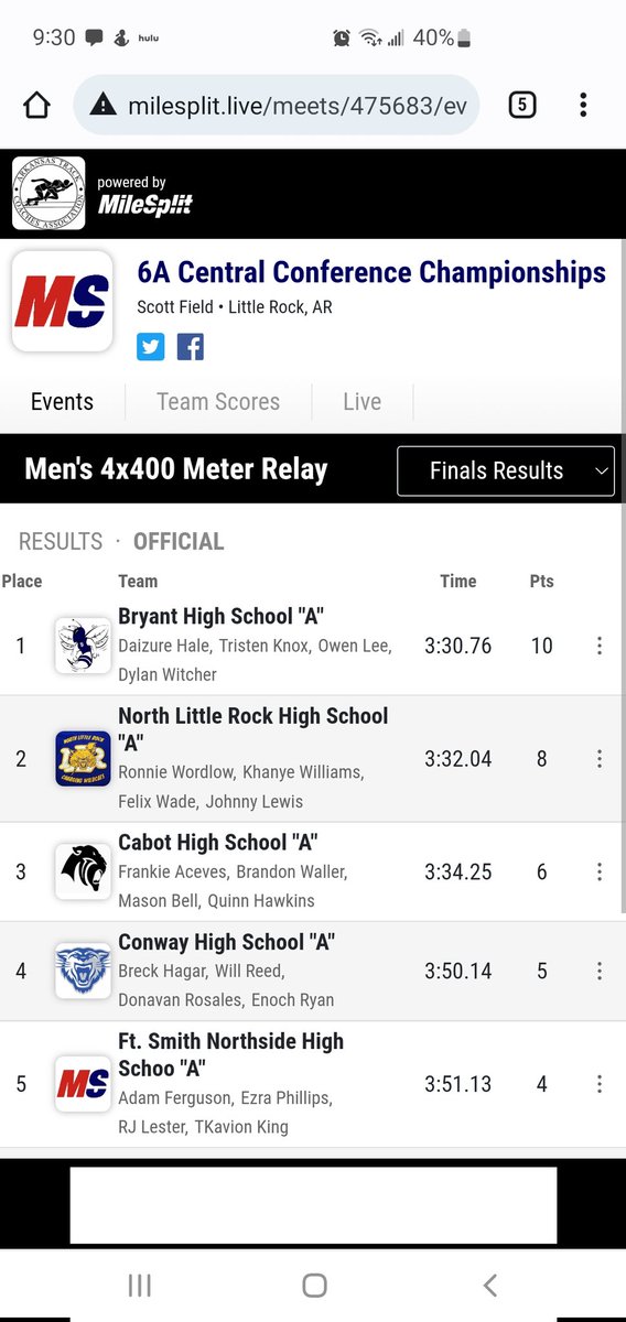 Congratulations to the Bryant 6A Conference Champions on their 1st Place win!! <a href="/DaizureH/">Daizure Hale</a> ran the 200m (Qualified for State🙌🏾), the 4x100, 4x200, and the 4x400 (lane 3 and passed errbody)!!