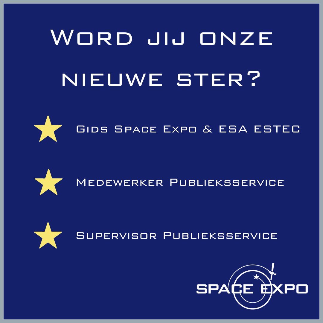 Hét ruimtevaartmuseum van Nederland is op zoek naar nieuwe (parttime) sterren. ⭐

Lees meer over de vacatures op onze website! space-expo.nl/vacatures

#vacature #ruimtevaart
