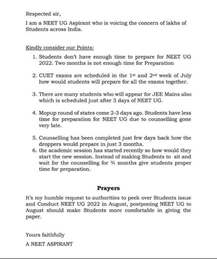 ThePradeepRawat's tweet photo. A Humble Submission by #NEET Aspirant
@PallaviPurohi13 

To @DG_NTA 
@EduMinOfIndia 

#DeferNEETUG2022 
#PostponeNeetUG2022 https://t.co/8yAeFXUEgM