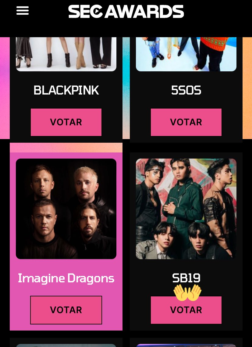 <a href="/SB19Official/">SB19 Official</a> is nominated on #SECAwards 2022 for Grupo Musical do Ano 

How to vote:
1. Log in: secawards.seriesemcena.com.br/grupo-musical-…
2. Select SB19 
3. Click Captcha 
4. Click vote

Note: You may vote as many as you can. RETWEETS ARE COUNTED 

#SB19 #GrupoMusical #SECAwards
<a href="/SB19Official/">SB19 Official</a>