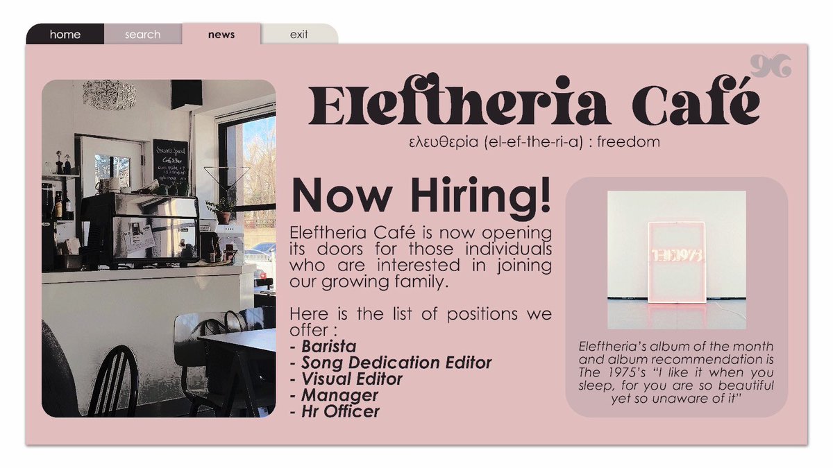 ㅤ
ㅤ
ㅤㅤㅤ   ✿ ELEFTHERIA CAFÉ. ⸙
ㅤㅤㅤ   ━━━━  NOW HIRING!

ㅤㅤㅤ   see the attached image
ㅤㅤㅤ   below for more details.
ㅤ
ㅤ