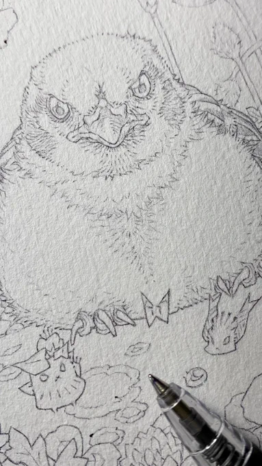 少しずつ線を加えていきます。スズメは特に線画の時と塗った時ではかなり印象が変わるのでその点も考慮しつつ加筆です。線画は相変わらず難しいですが楽しいですね〜☺️

#孝夫印画No24メイキング
(原画ご予約はDMまで🍀) 