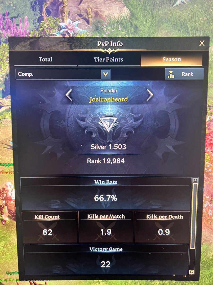 JoeIronbeard's tweet photo. Made the mistake of tanking my rank playing with alts in comp. Went back to Pally and my 66% win rate carried my back out of bronze! Haha #LostArk #LowEloProblems https://t.co/TbiARXkevT