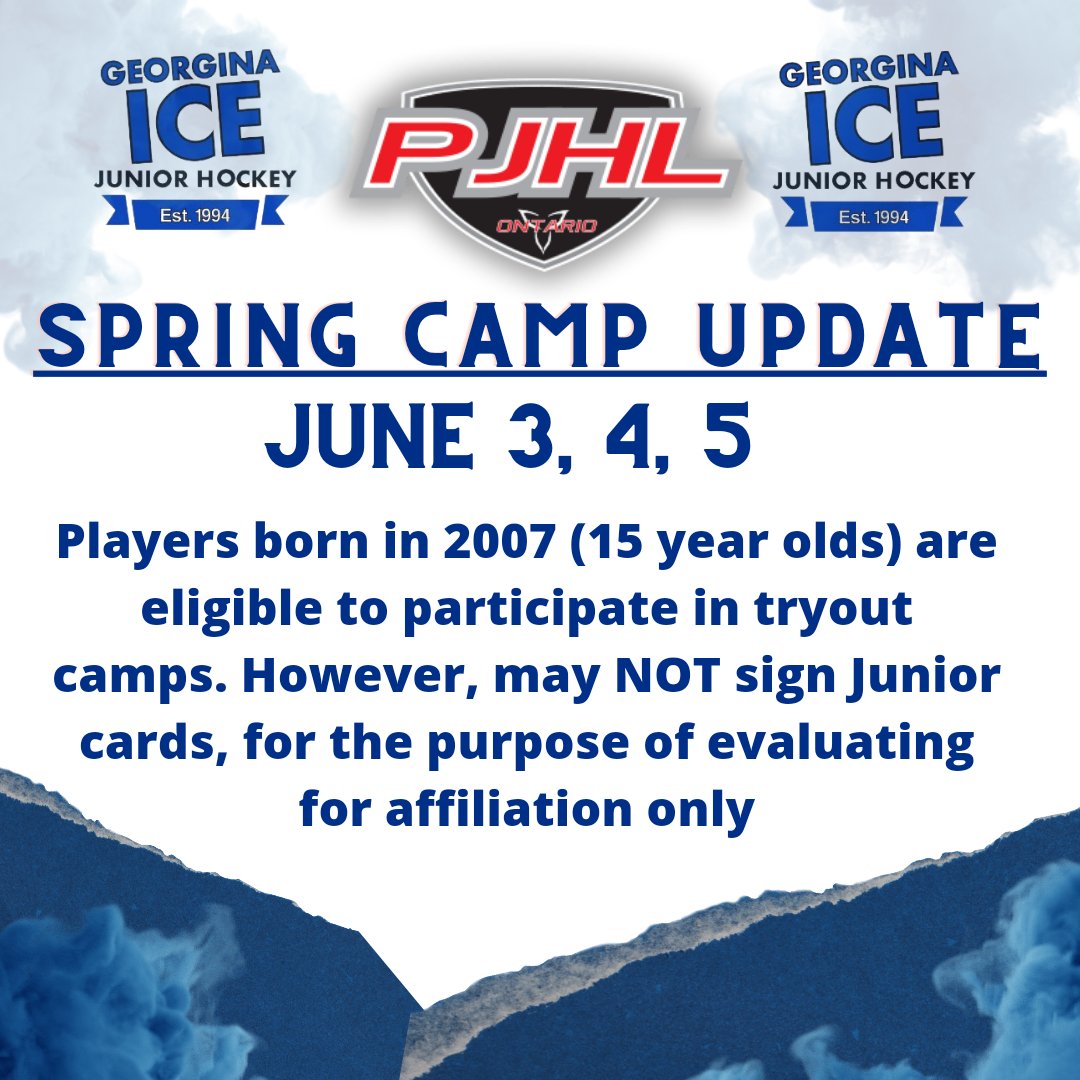 GeorginaIce's tweet image. SPRING CAMP UPDATE

2007 born players are eligible to participate in our camp for evaluation for affiliation (AP) purposes only and cannot sign a card. Sign up 👇

Permission to skate required for all minor hockey aged players (2005, 2006, 2007)

Bit.ly/PlayForTheIce