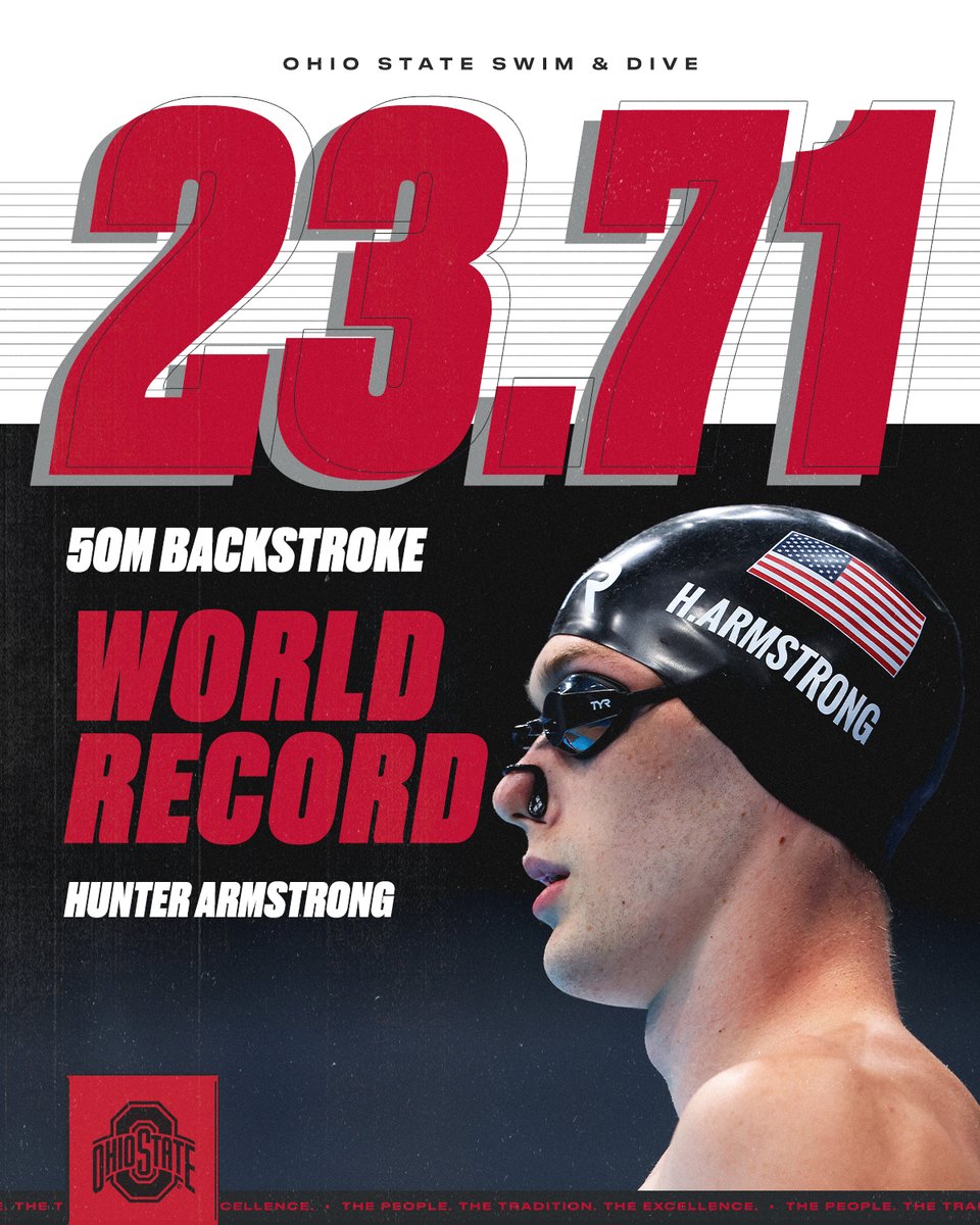 OhioStSwimDive's tweet photo. HUNTER ARMSTRONG BREAKS THE 50M BACK WORLD RECORD‼️💪

@ArmstrongH_ finishes in 23.71 to win the race and take the WR by .09 😤

#GoBucks // #Phillips66SwimTrials https://t.co/3LAihwqbg6