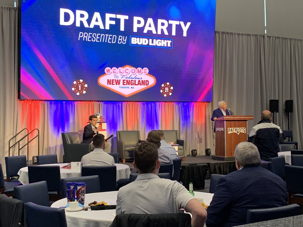 MikeReiss's tweet photo. “It’s hard to predict what Coach Belichick is going to do … but I can tell you one thing: He is not going to draft a quarterback in the first round.” — owner Robert Kraft, with a humorous touch, at the Patriots season-ticket member draft party. https://t.co/vOrNe8myLq