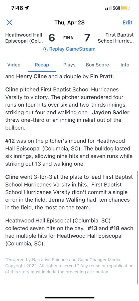 FBCanesBaseball's tweet photo. Canes end the season with a Senior Night win over Heathwood! 

First Baptist 7
Heathwood 6

Winning Pitcher: Henry Cline (1-0)

Notables:

Henry Cline: 3-3 2B, BB, RBI
Henry Cline: 6.2 IP 4 ER 4 Ks
Fin Pratt: 1-3 2B, 2 RBIs
Boyd Johnson: 1-1 2 RBIs

#WeAreFB https://t.co/paYIBJTaer
