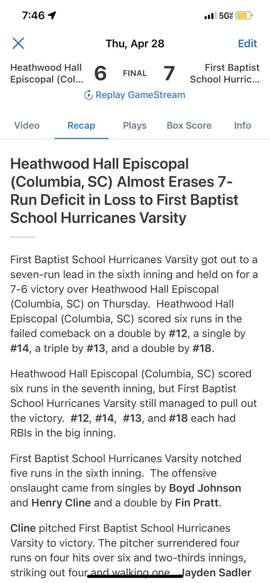 FBCanesBaseball's tweet photo. Canes end the season with a Senior Night win over Heathwood! 

First Baptist 7
Heathwood 6

Winning Pitcher: Henry Cline (1-0)

Notables:

Henry Cline: 3-3 2B, BB, RBI
Henry Cline: 6.2 IP 4 ER 4 Ks
Fin Pratt: 1-3 2B, 2 RBIs
Boyd Johnson: 1-1 2 RBIs

#WeAreFB https://t.co/paYIBJTaer