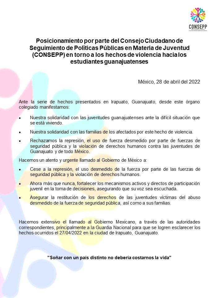 CONSEPP's tweet photo. 📢 #Posicionamiento del CONSEPP en torno a los hechos de violencia que están viviendo las juventudes del estado de Guanajuato.

𝐒𝐨ñ𝐚𝐫 𝐜𝐨𝐧 𝐮𝐧 𝐩𝐚í𝐬 𝐝𝐢𝐬𝐭𝐢𝐧𝐭𝐨 𝐧𝐨 𝐝𝐞𝐛𝐞𝐫í𝐚 𝐜𝐨𝐬𝐭𝐚𝐫𝐧𝐨𝐬 𝐥𝐚 𝐯𝐢𝐝𝐚 https://t.co/mE9k8BBWe3