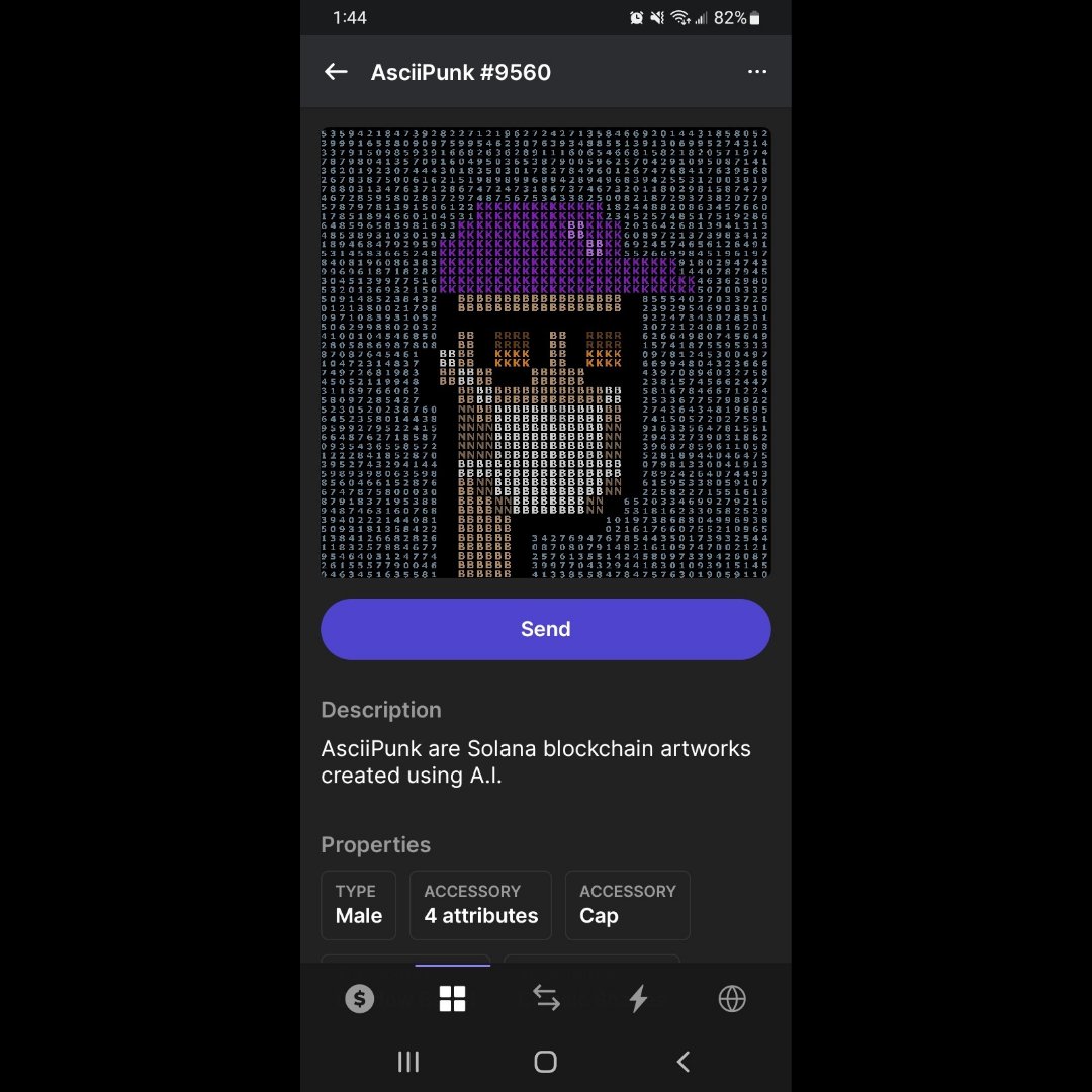 ultraalpha7's tweet photo. My 42nd #NFT AsciiPunk #9560. Bought it on secondary market @MagicEden for 0.17sol which was about $19 at the time April 19th 2022 My favorite Ascii Punk as far as looks of the art is concerned but I'm all Hoodie Gang! #AsciiPunk #SolanaNFT #SolanaCommunity
@ascii_punk @phantom https://t.co/Cc4WsR8gvw