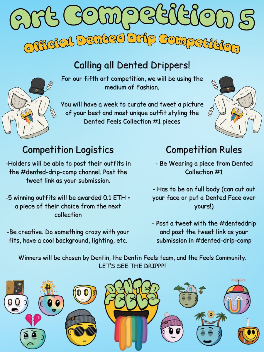 DentedFeelsNFT's tweet photo. 🔥Art competition #5 🔥

Official Dented Drip Competition. 

We have loved seeing your #denteddrip fits over the past couple weeks and are fully launching the Competition to holders. 

More info below 👇👇👇 https://t.co/djsxXX2xjT