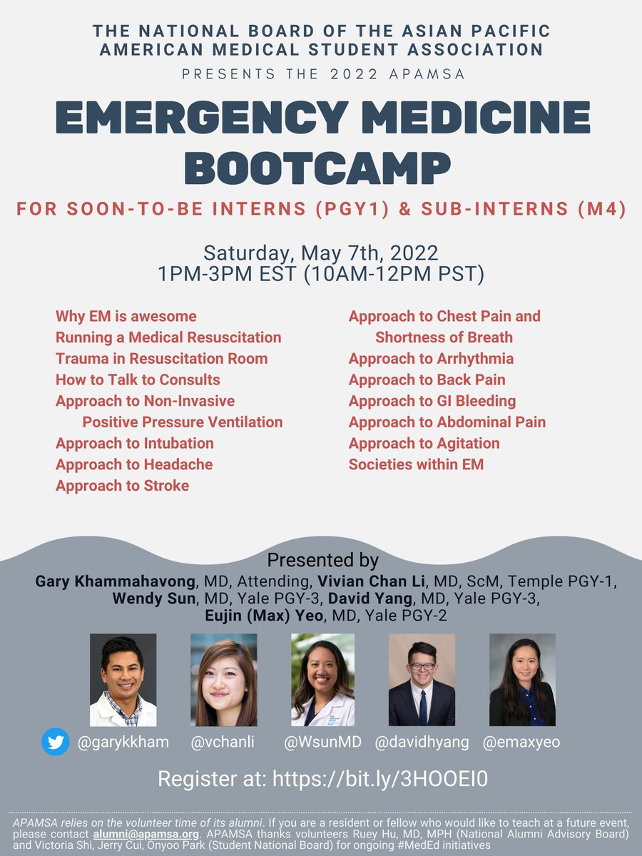 Come join APAMSA on Saturday, May 7th from 1PM-3PM EST (10AM-12PM PST) for our Emergency Medicine Bootcamp! Perfect preparation for a sub-I or intern year. Register at: bit.ly/3HOOEI0