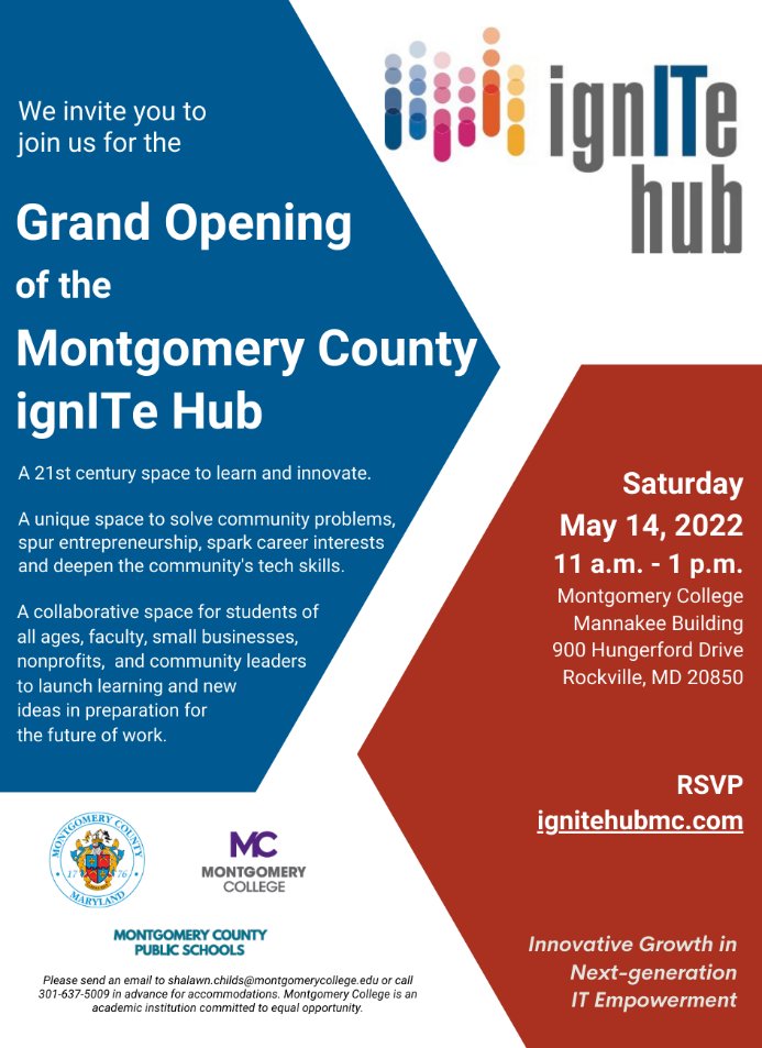 worksourcemd's tweet photo. 🎉#GrandOpening of the #MontgomeryCounty #igniTeHub🎉
(In #pship w/ @MontgomeryCoMD, @montgomerycoll  &amp; @MPSAL)

🗓5/14/22 11AM-1PM
📍#Montgomery College
Mannakee Building
900 Hungerford Drive
#Rockville, MD 20850

ℹ https://t.co/PBZ1G4FVDl 💻 📱 📀 🧑‍💻 https://t.co/Rp463lDDNV
