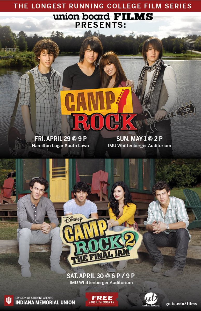 UBFilmsIU's tweet image. 🎸Camp Rock!⛺️ Join Union Board Films for our final showing of the year! Camp Rock will be shown on Friday @9PM on the H/L SL and Sunday @2PM in Whittenberger Auditorium with an additional showing of Camp Rock 2: The Final Jam on Saturday @6/9PM in the Whittenberger Auditorium!