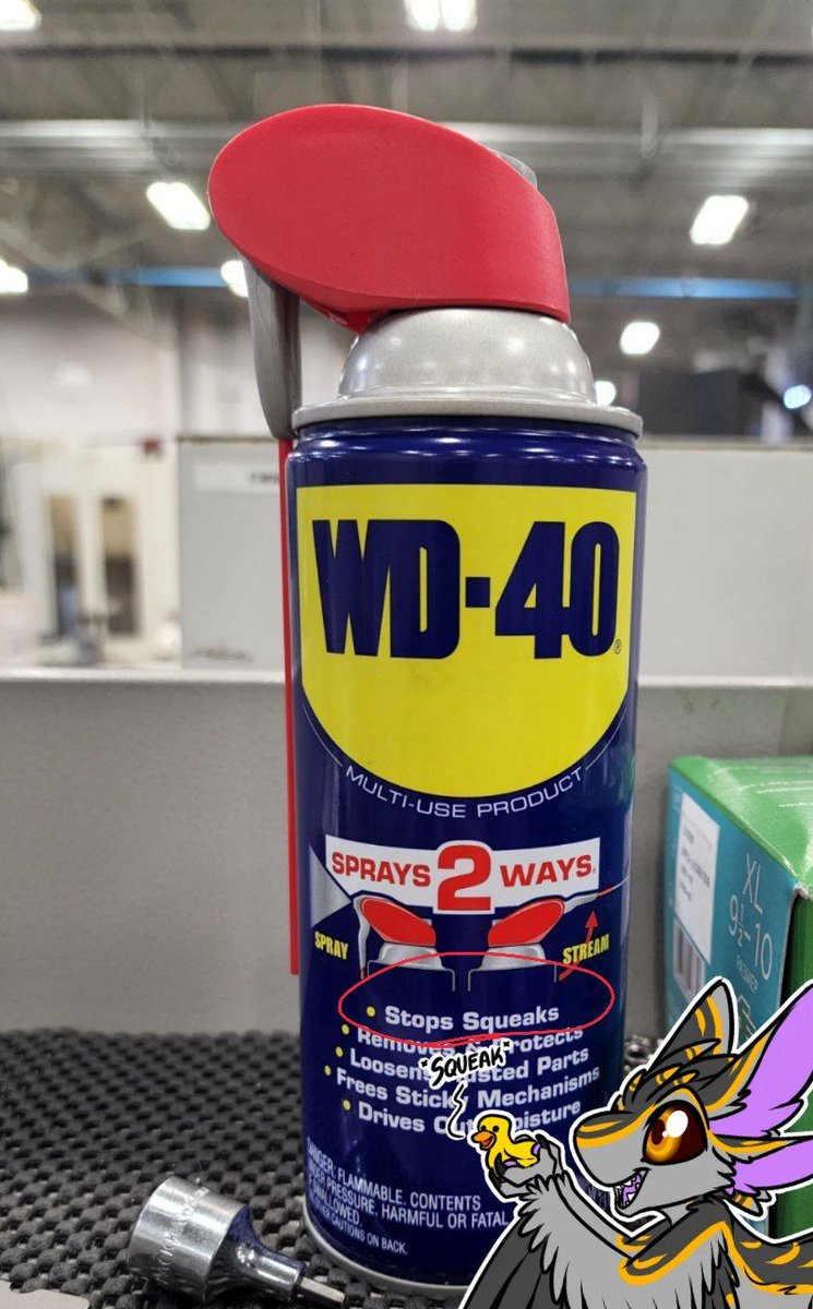 "Stops Squeaks"

*chirps* Do not WD-40 the avali because it squeaks!!! They dont like that..