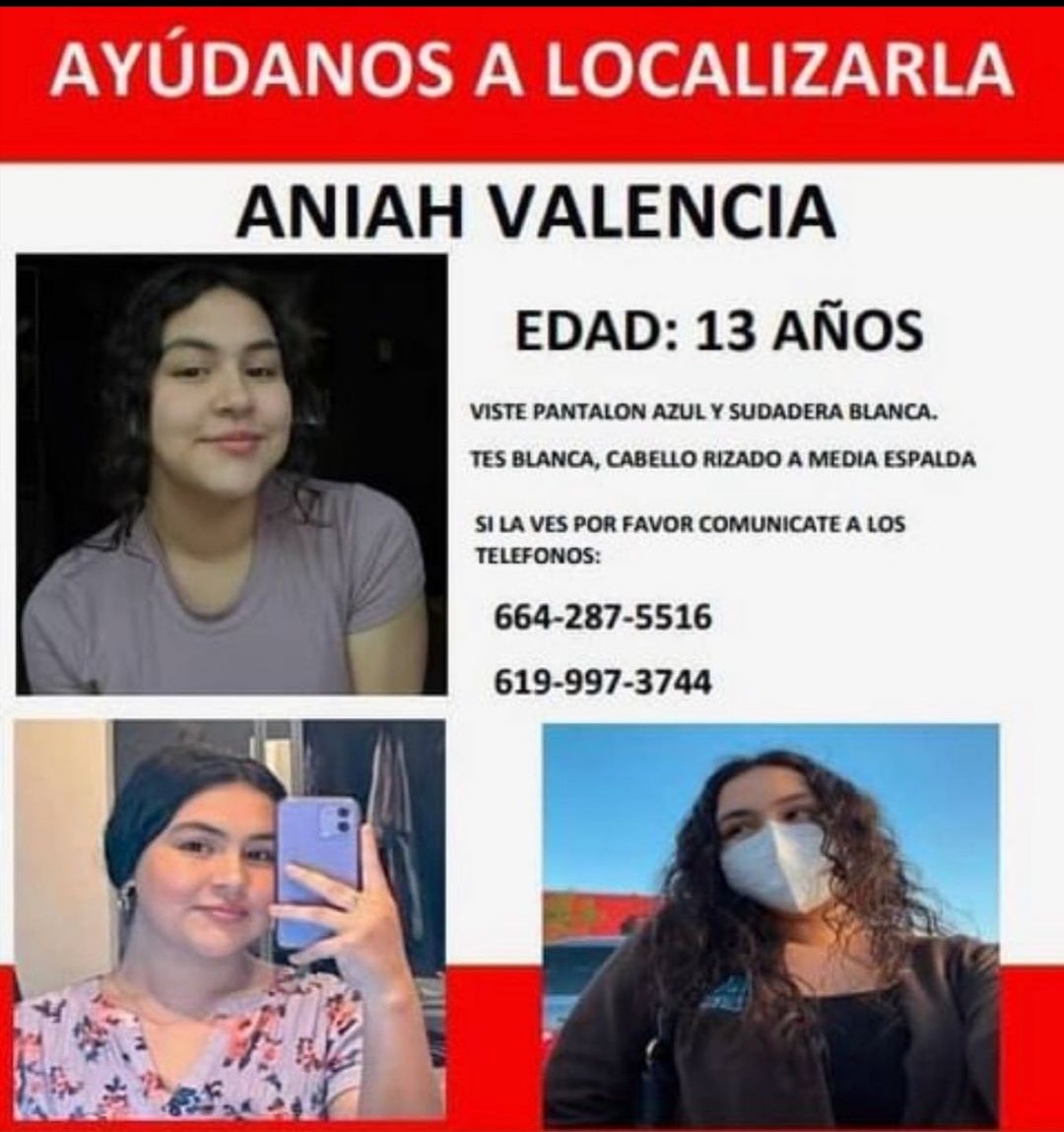 Kellsawae's tweet photo. Esta chica de tan solo 13 años se encuentra desaparecida su nombre es: Aniah Valencia , lugar de desaparición : Otay Vista. Tijuana BC

Alzaste la voz por Debahni ahora es turno Aniah Valencia , comparte y difunde. #DebahniEscobar #NiUnaMenos #Tijuana #AlertaAmber https://t.co/90AhPaNGJO