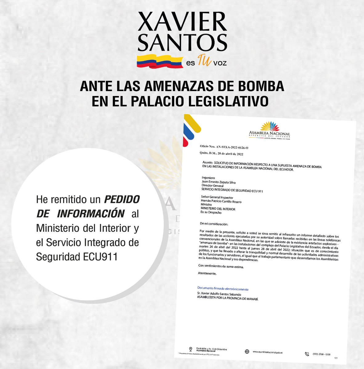 xaviersantos_ec's tweet photo. He pedido información al #Ecu911, y al @MinGobiernoEc sobre la sospechosa amenaza de bomba en el palacio legislativo en la @AsambleaEcuador , si fue premeditadamente falsa para evitar el trabajo en la asamblea nacional, iniciaremos las acciones legales.
#LegislaConXavier https://t.co/VkLrtcnUre