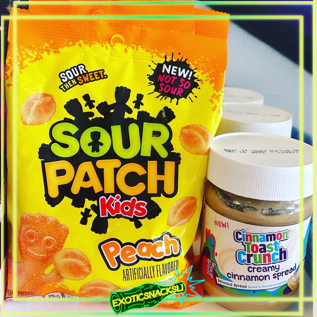 exoticsnacksli's tweet photo. CINNAMON TOAST CRUNCH CREAMY SPREAD &amp; SOUR PATCH PEACH FLAVOR AVAILABLE NOW #sourpatch #cereal #peach #newcandy #cinnamontoastcrunch #exoticsnacks #snacking #snacksonsnacks #FYP https://t.co/lh7jM7lry9