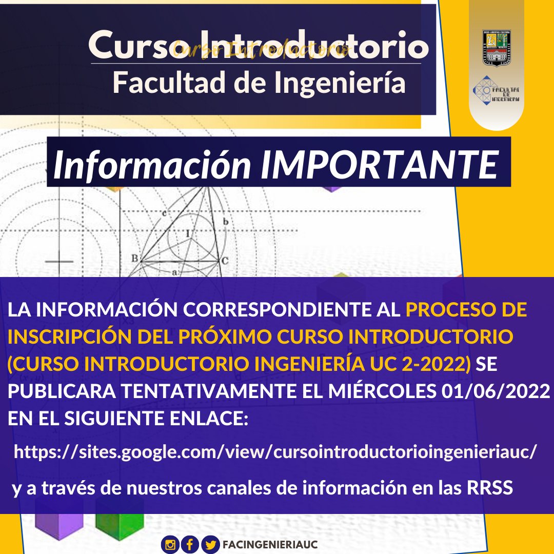 FacIngenieriaUC's tweet photo. ATENCIÓN
Para los interesados en CURSO INTRODUCTORIO, Facultad de Ingeniería
https://t.co/ut3e9DQnBX https://t.co/wK2ctmeU9S