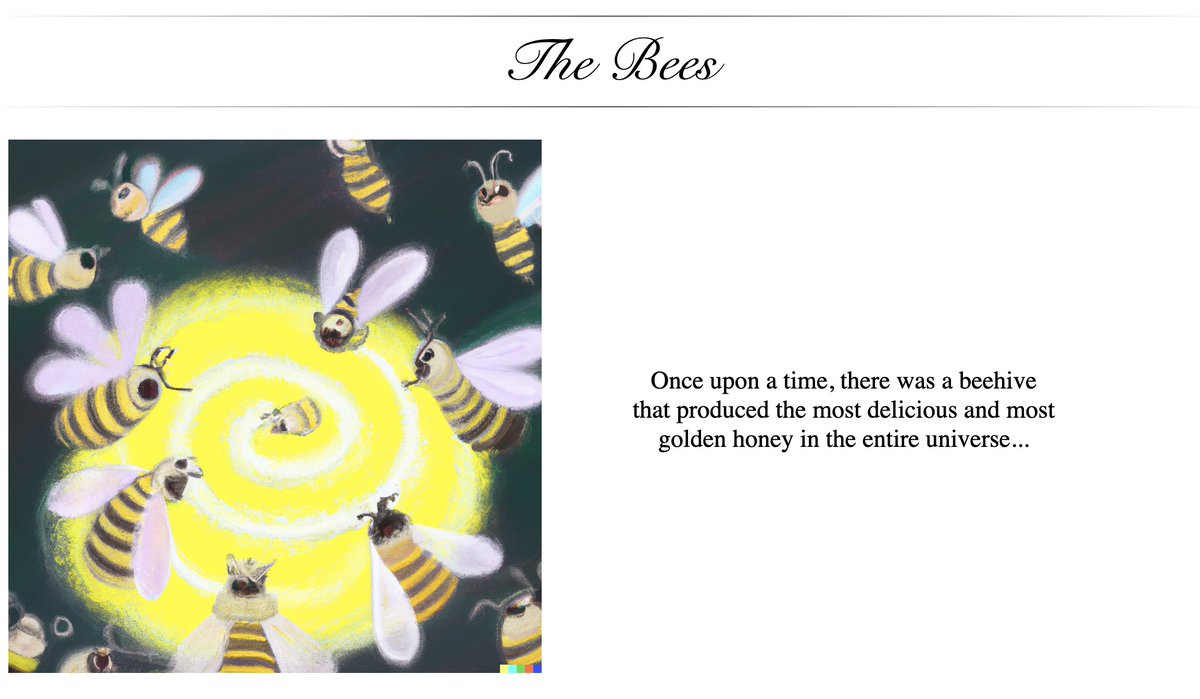 Phillip Isola (@phillip_isola) on Twitter photo Back in 2018 at OpenAI, a few of us wrote a story with gpt as an AI "co-author". We didn't have an AI illustrator back then, but now we sort of do, so I tried plugging the text into #dalle.
Here is the result! “The Bees”, a short story by humans & AIs: web.mit.edu/phillipi/www/t… Back in 2018 at OpenAI, a few of us wrote a story with gpt as an AI "co-author". We didn't have an AI illustrator back then, but now we sort of do, so I tried plugging the text into #dalle.
Here is the result! “The Bees”, a short story by humans & AIs: web.mit.edu/phillipi/www/t…