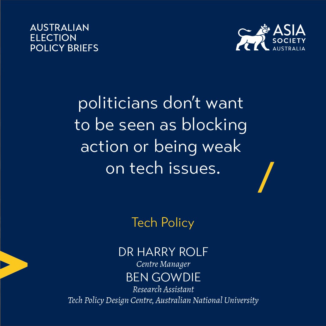 "Political parties should engage more robustly in the public tech policy debate" - <a href="/harryrofl/">Harry 涵睿 🌈</a> and <a href="/BenGowdie/">Benjamin Gowdie</a> of <a href="/TPDesignCentre/">TechPolicyDesignCentre</a> <a href="/ourANU/">ourANU</a> in a new #Election2022 #Policy Brief on #digital and #tech. 

#ausvotes #AusVotes22 #AusVotes2022 

Read now: asiasociety.org/australia/elec…