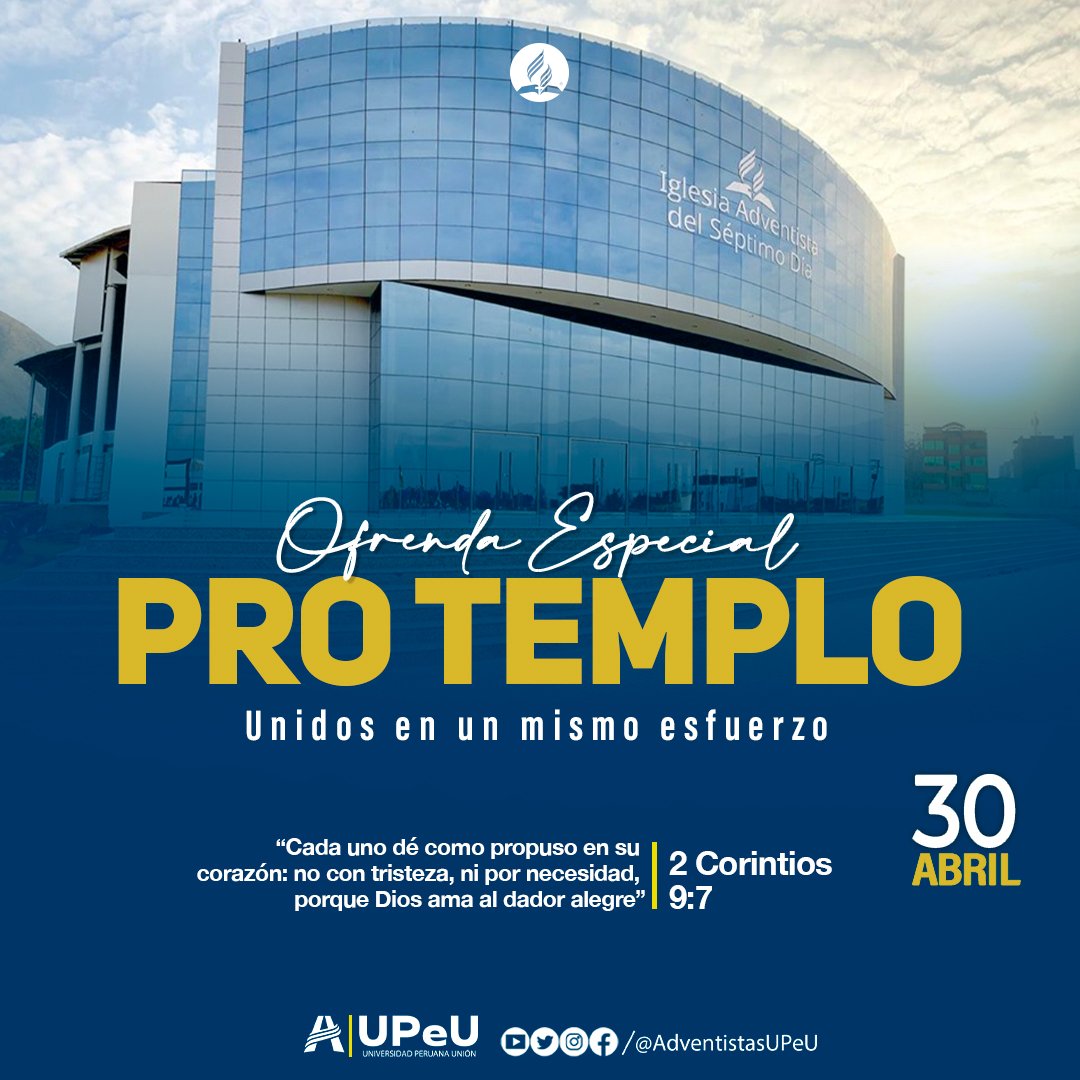 AdventistasUPeU's tweet photo. La UPeU y la IASD Universitaria Villa Unión participarán en la Ofrenda de gratitud #ProTemplo, que tiene por objetivo continuar con la construcción del Templo universitario.☺️
🗓️ Te esperamos este sábado 30 de abril.
¡Dios te bendiga!
#UnidosPorUnMismoEsfuerzo #FamiliaVillaUnión https://t.co/DQAFA9yvos