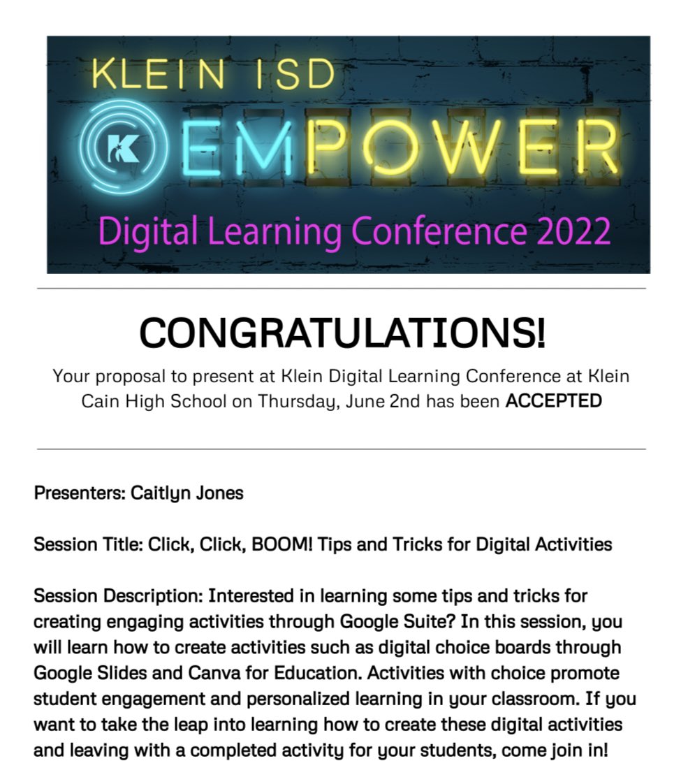 MrsJonesHofius's tweet photo. So excited to present with @stacymalexander at my favorite conference- Empower! Hope to see you there! @KleinISD @KleinDigiLearn https://t.co/wi1j2fN4HS