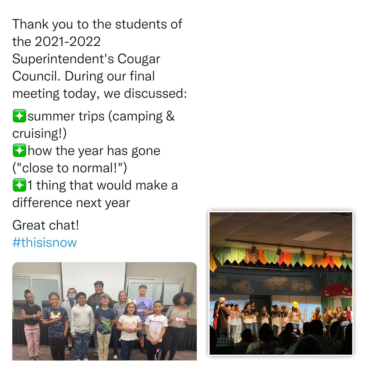 ✨Highlights of the Day✨ Fantastic feedback from Supt’s Student Advisory Committee and a beautiful musical performance from <a href="/BarrettElemCISD/">Barrett Elementary</a> students.