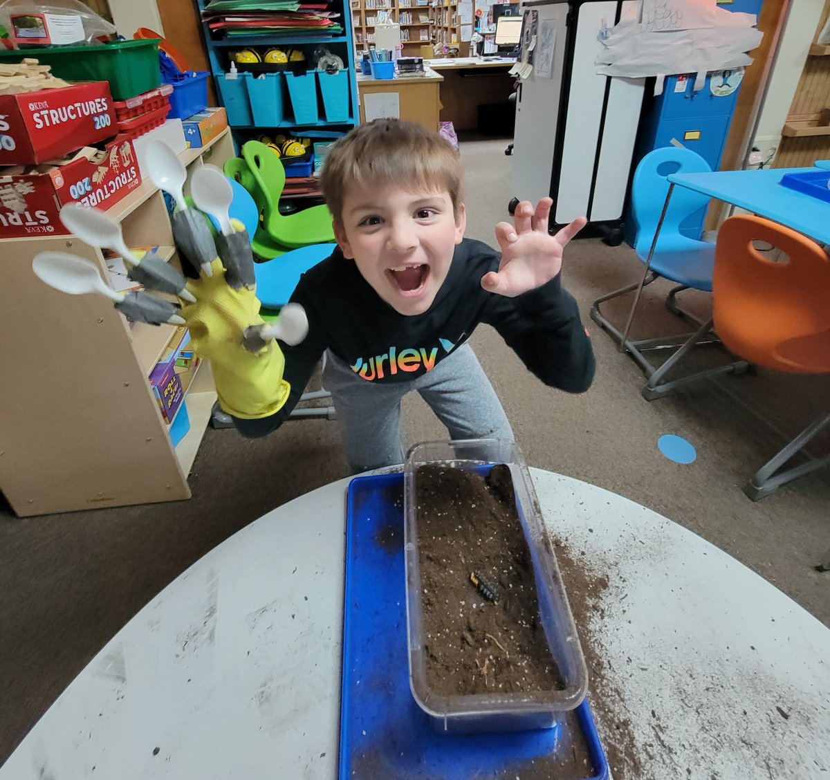 AndreaMango1's tweet photo. I love some messy learning!❤️ 1st graders dug in the dirt w/claws, pulled (gummy)worms out w/beaks, swam w/webbed feet, & more to explore animal features.🦔🦘🦎🐅🦍#STEAM #STEM #sciencerocks #animalfeatures @Dodge_WCSD https://t.co/rGqnxdqIVl