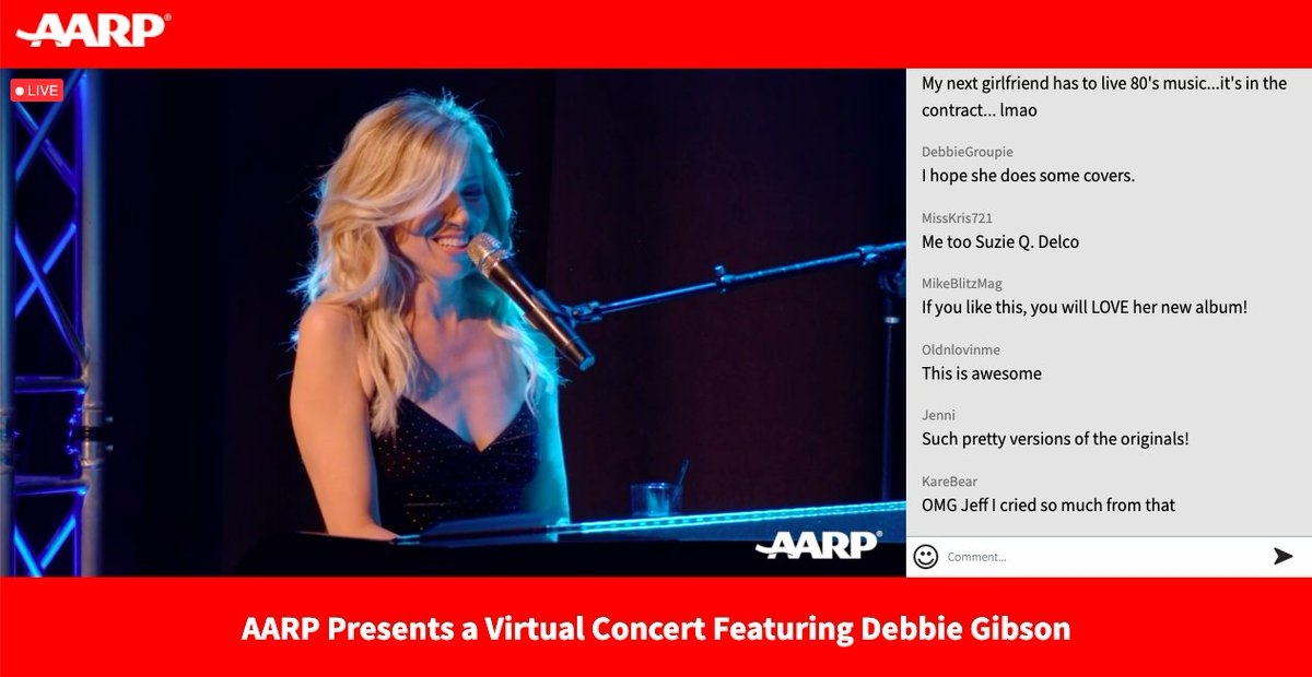 Clarissa Peterson (@clarissa) on Twitter photo I'm watching <a href="/DebbieGibson/">Debbie Gibson</a> singing Lost In Your Eyes in a virtual concert sponsored by... AARP. I guess we're all old now. How did this happen? I'm watching <a href="/DebbieGibson/">Debbie Gibson</a> singing Lost In Your Eyes in a virtual concert sponsored by... AARP. I guess we're all old now. How did this happen?