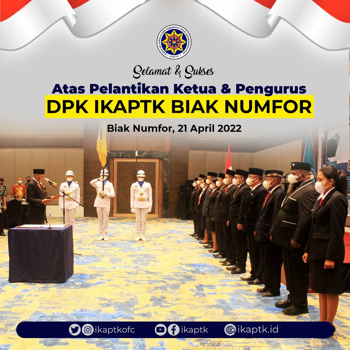 ikaptkid's tweet photo. Segenap Pengurus DPN IKAPTK mengucapkan Selamat dan Sukses atas pelantikan dan pengukuhan Ketua DPK IKAPTK Biak Numfor, Kamis 21 April 2022.

IKAPTK kuat untuk menguatkan Purna Praja. BNEB!

#ikaptk #pns #asn #praja #purnapraja #apdn #ipdn #stpdn #bhinnekanaraekabhakti https://t.co/1MBNwYqaAq