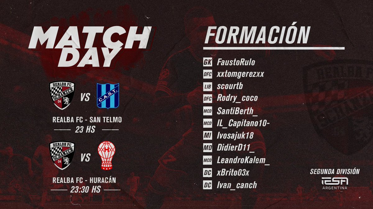 | #FIFA22 | Clubes Pro |
 Segunda División <a href="/IESAFIFAar/">IESA Argentina</a>

⚽ Convocados de la Jornada 
 
Luego de las primeras dos jornadas el rojinegro intentará seguir sumando frente a <a href="/CASTeSports/">San Telmo eSports</a> y <a href="/HuracanEsports/">CAHuracán esports</a> 

Desde las 23hs x twitch.tv/realbafc_ofici…

#VuelveRealba🖤❤️🖤