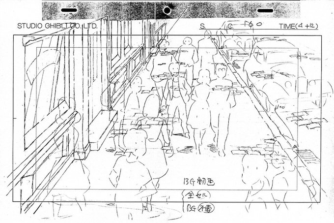 キキがコリコの町を初飛行するシーンのレイアウト(画像)・原画は全て #近藤喜文 さん。
コリコの町を行き交う大勢の人々が、キキに気づく主観のカットは、全セルでBG(背景)移動を含む全作画。「何でもCG」の今となってはむしろ極めて贅沢な技術。
#魔女の宅急便 #スタジオジブリ #宮崎駿 https://t.co/WpgrpytwVw 