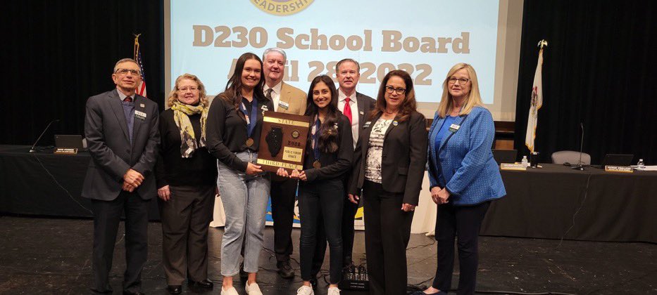 Proud to have Annalise Rusnak &amp; Devanshi Patel recognized tonight for their achievements by the D230 School Board! We are so proud of their hard work💙<a href="/SandburgHS/">Carl Sandburg H.S.</a> <a href="/CHSD230/">District 230</a> #d230proud #WinTheDay