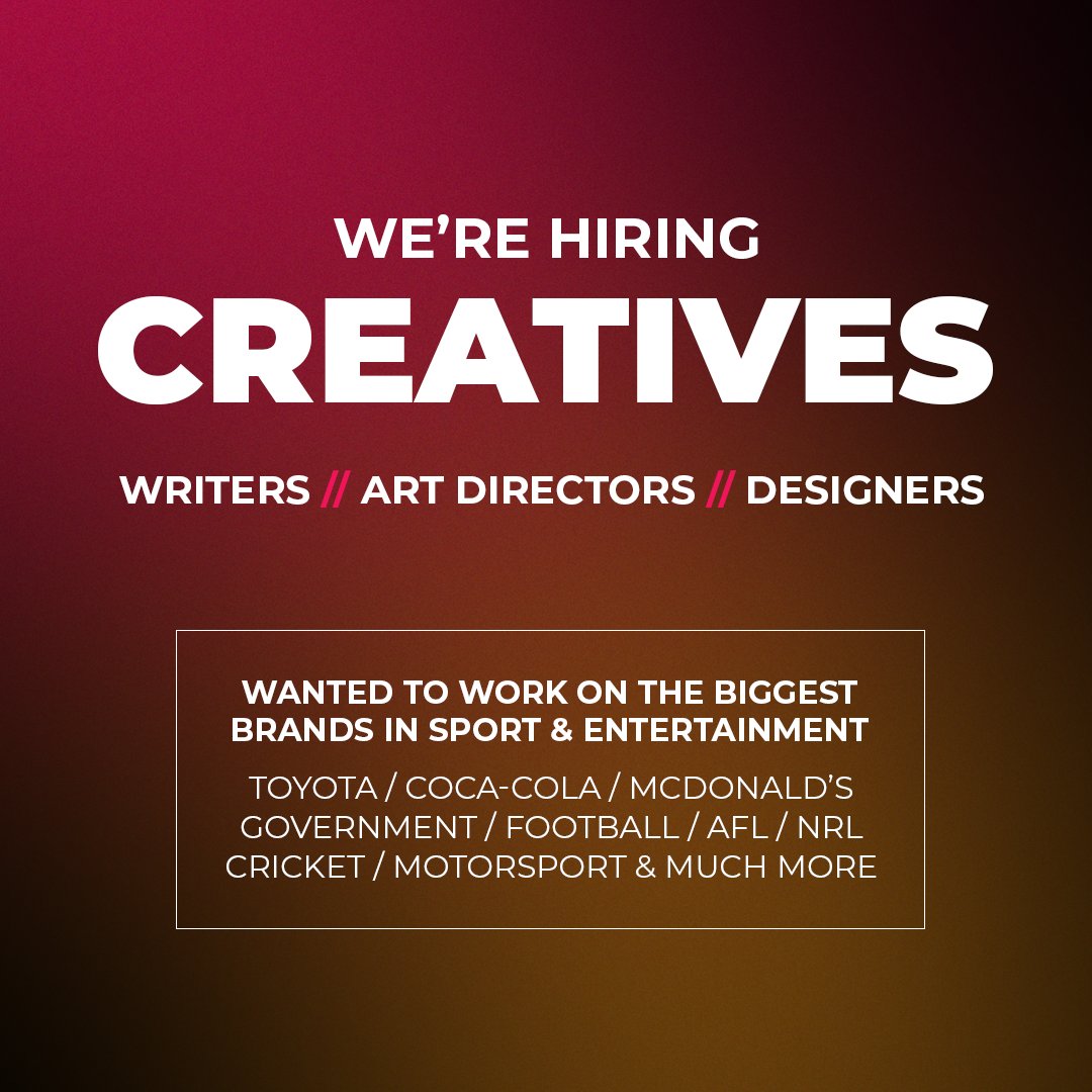 We’re on the lookout for good people to make great advertising in one of Australia’s leading sport agencies. If you’re a creative with experience in social, digital and/or content marketing, DM me directly with a link to your folio, your experience and any questions. ⚽️🎥🏏✨