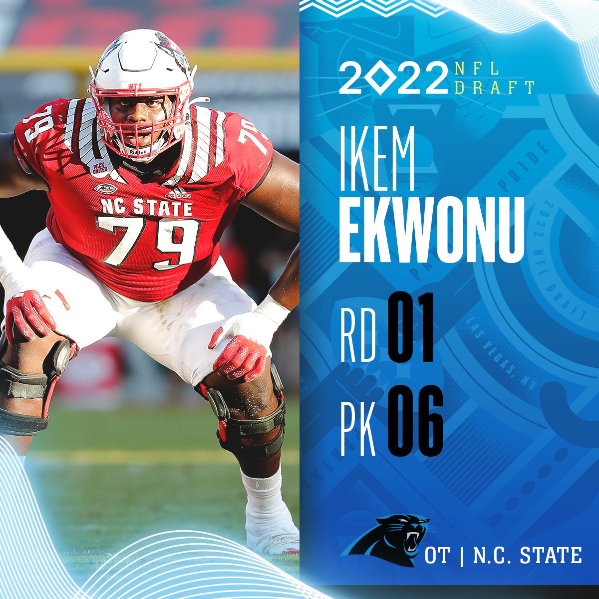 NFL's tweet photo. With the No. 6 overall pick in the 2022 @NFLDraft, the @Panthers select Ikem Ekwonu!

@NewEraCap | @NFLAfrica | #KeepPounding

📺: 2022 #NFLDraft on NFLN/ESPN/ABC https://t.co/lHZGJWD81L