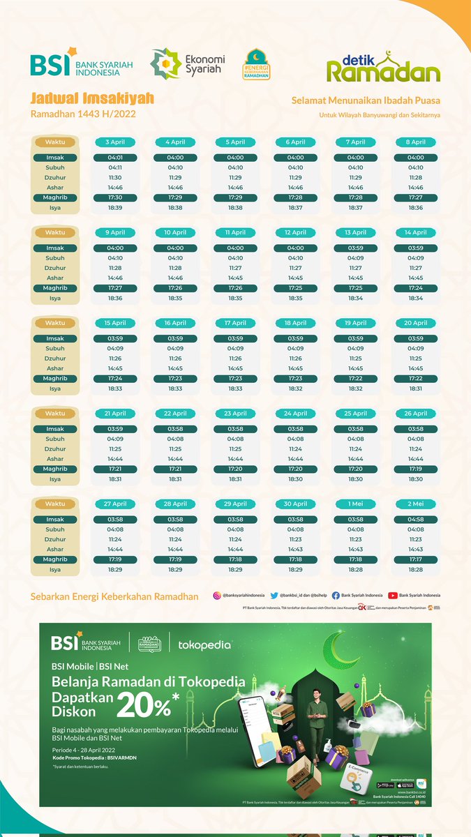 MahendraCameron's tweet photo. Hapuskan dendam. Bersihkan hati. Luruskan niat. Selamat menunaikan ibadah puasa.

Jadwal imsakiyah untuk Banyuwangi dan sekitarnya 🙏
Mari menyambut kemenangan gemilang bersama @detikcom @bankbsi_id https://t.co/om9KlSal0z