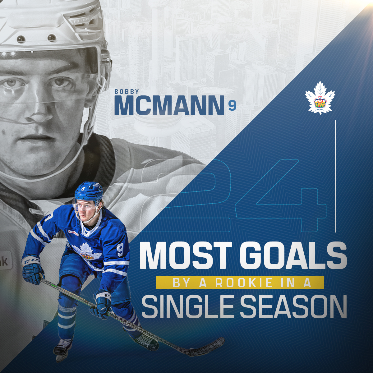 BOBBY. MCMANN. 🔥

With his goal tonight, he now holds the record for the most goals by a rookie in a single season in franchise history with 24. Congrats, Bobby 👏

#MarliesLive