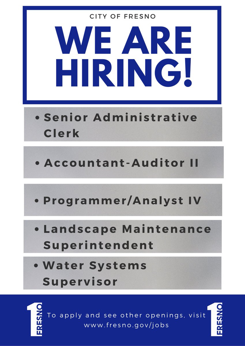 WE ARE HIRING!

🔹Senior Administrative Clerk; 05/09/2022
🔹Accountant-Auditor II; 05/10/2022
🔹Programmer/Analyst IV; 05/10/2022
🔹Landscape Maintenance Superintendent; 05/12/2022
🔹Water Systems Supervisor; 05/12/2022

Apply online at fresno.gov/jobs