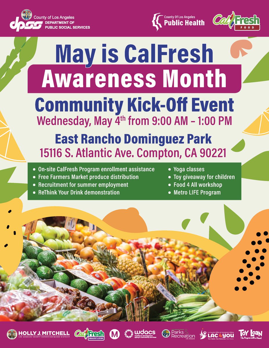 LACo_DPSS's tweet photo. May is #CalFreshAwarenessMonth! Join our Kick-off event on Wed. May 4, 9am-1pm at East Rancho Dominguez Park in Compton. Come enjoy the food and toy giveaway and more!

#CFAM2022 #ChooseCalFresh #CalFreshPlus @HollyJMitchell @metrolosangeles @lapublichealth @LACountyWDACS https://t.co/d29XZJbSww