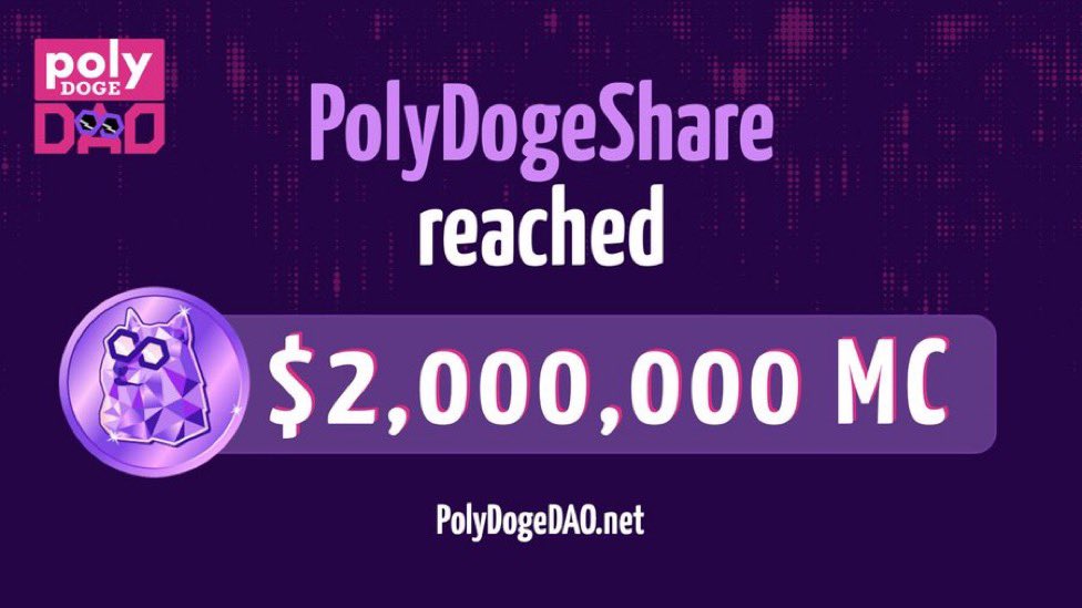Woah 🤯 #PolyDoge DAO #tombfork has hit milestone 🎉 2 Mil MC Reached! The most successful native tomb fork on #Polygon 💜 

I’m giving away 50 $PDD to 10 winners 🏆💸 

✅ To Enter: 

👥Follow <a href="/PolyDoge/">PolyDoge 🐶🚀</a> &amp; <a href="/MetaPetzAI/">MetaPetz by Forge21 | FOUNDERS MINT TBD</a> 
🔥 Like and Tag 3 frens 🤝
🦾Comment #DeFi

#Giveaway $DOGE