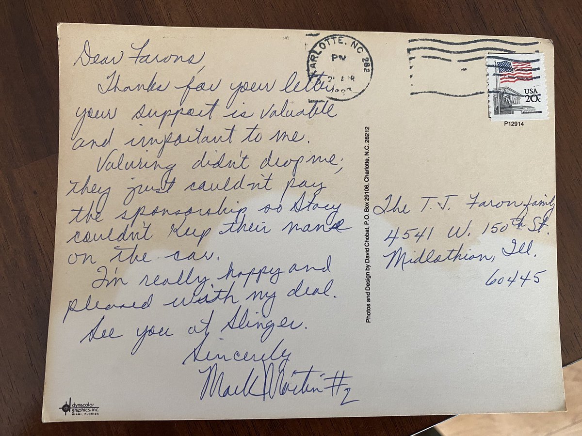 MikeFaron77's tweet photo. @markmartin the first pic is you holding my older brother Mark Martin Faron at we believe the ‘81 ARTGO show at Raceway Park in Blue Island, IL. Second and third pic is a post card written to my dad from ‘83 based on what was said in the post card. https://t.co/f7hkqh2Z2i