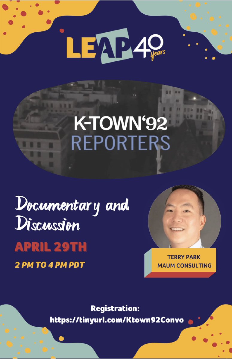 #ICYMI📢 TOMORROW 4/29 at 2-4 pm PT, LEAP is hosting a viewing of @anothergracelee's #documentary, '@ktown92doc Reporters.' @terrykpark Ph.D. will lead a conversation & explore the impact & legacy of the 1992 LA civil unrest 25 years later. Register: tinyurl.com/ktown92convo