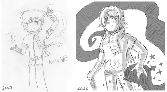 Lol, so I discovered that I apparently drew myself as a naruto-ninja when I was younger (???), so I wanted to try resketching it.

I tried to keep most of the initial elements. I really liked moons and stars apparently lol. 