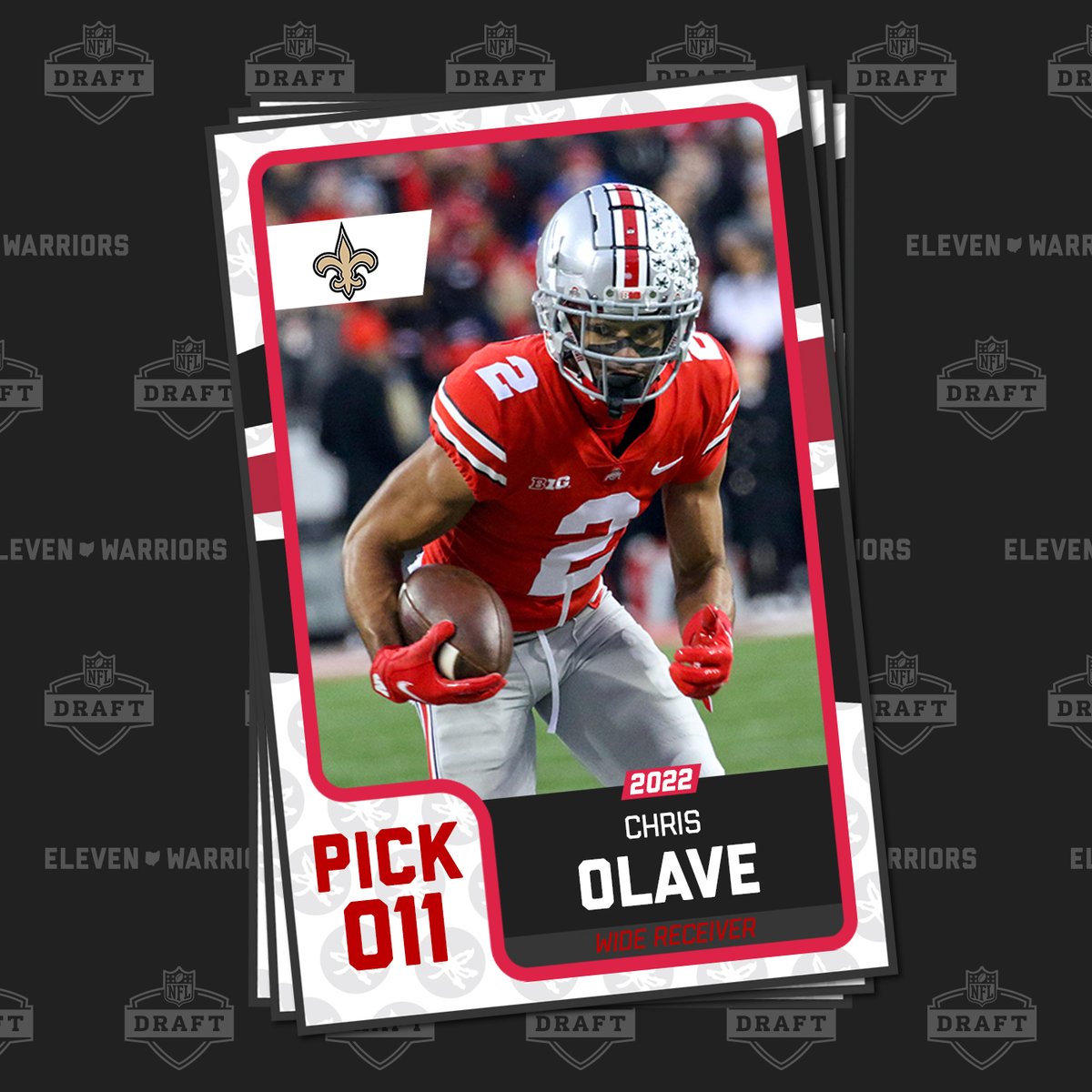11W's tweet photo. Chris Olave is headed to the Big Easy, with the New Orleans Saints taking him No. 11 overall, one spot after his teammate, Garrett Wilson. https://t.co/A9h1X3oQfN