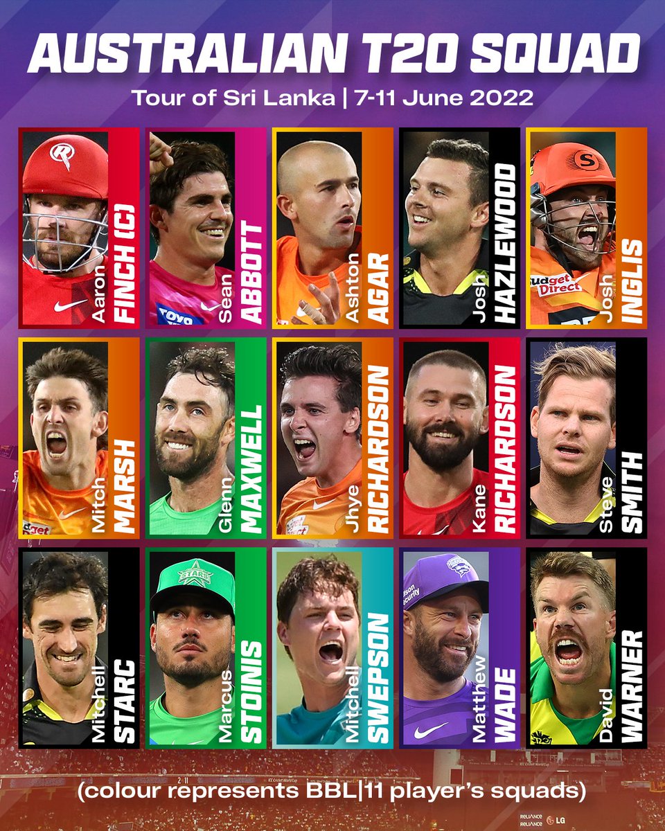 BBL's tweet photo. ICYMI 🇱🇰🆚🇦🇺 Australia are touring Sri Lanka this June-July, featuring a T20I outfit STACKED with big #BBL11 names 💪 https://t.co/sq13lSQWuM