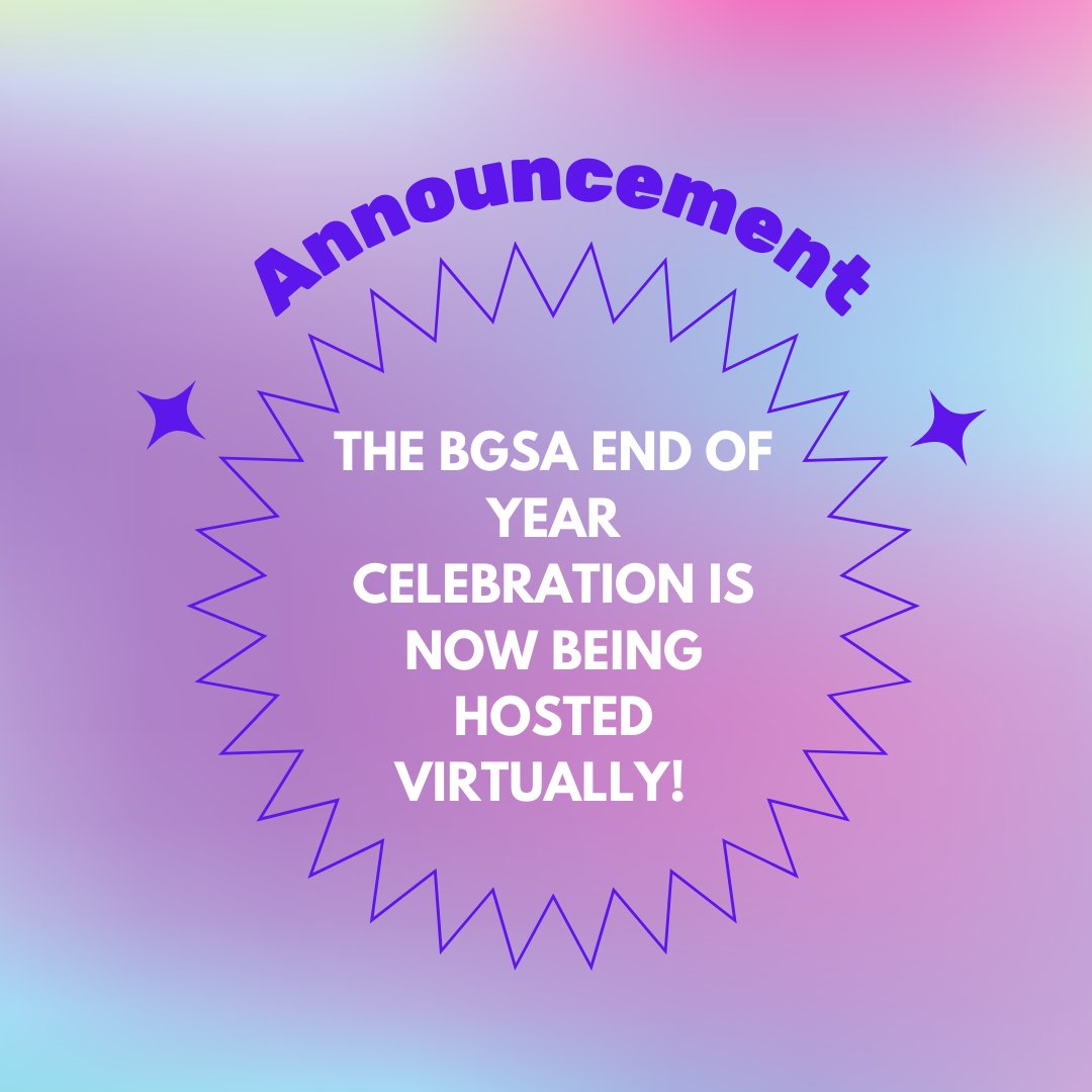 The BGSA End of the Year Celebration is now being held virtually only due to inclement weather! We will no longer be meeting in person, the room reservation has been canceled! 

You can RSVP to join virtually via zoom! Using this link eventbrite.com/e/bgsa-end-of-…