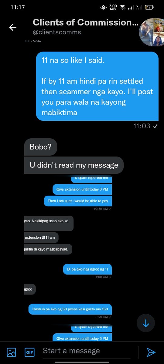 ‼️ SCAMMER ‼️

PLEASE TAKE TIME TO READ 
If you ever came across to this twt account @/clientscomms. Scammer po ito. And modus nila e magpapagawa agad without dp then kapag sisingilin na biglansilang babaratin gawa mo pero wala talaga silang plano magbayad. They're bluffing (1/n)
