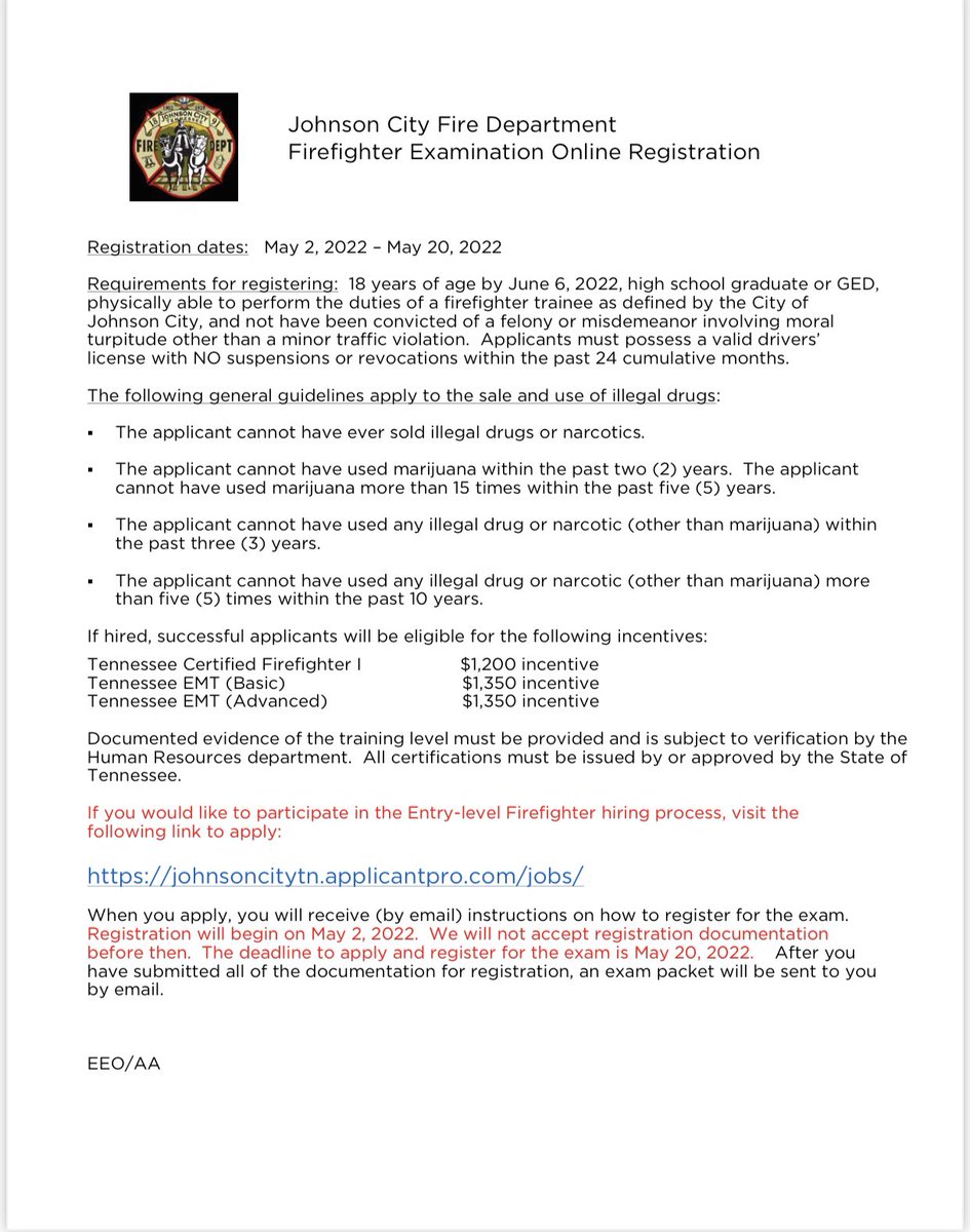 JohnsonCity1791's tweet photo. Fire, medical, urban search &amp; rescue, confined space, trench rescue, swift water rescue, Haz-Mat, and more! Applications now being accepted for Entry-Level firefighter at JCFD! Registration begins on May 2nd and ends on May 20th.
https://t.co/9mVdOVJjLI https://t.co/ipPNqU95EI