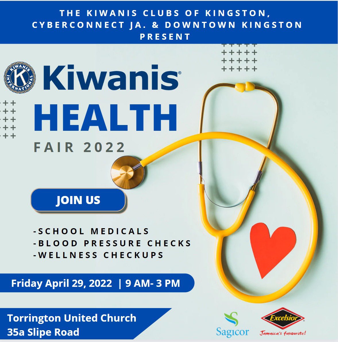 We are indeed happy that our Kiwanis Health Fair 2022 will be held on Friday, April 29 between 9am to 3pm on the grounds of the Torrington United Church- 35a Slipe Rd, Kgn.

#HealthFair2022
#MedicalOutreach
#CommunityService
#KidsNeedKiwanis
#Kiwanis
